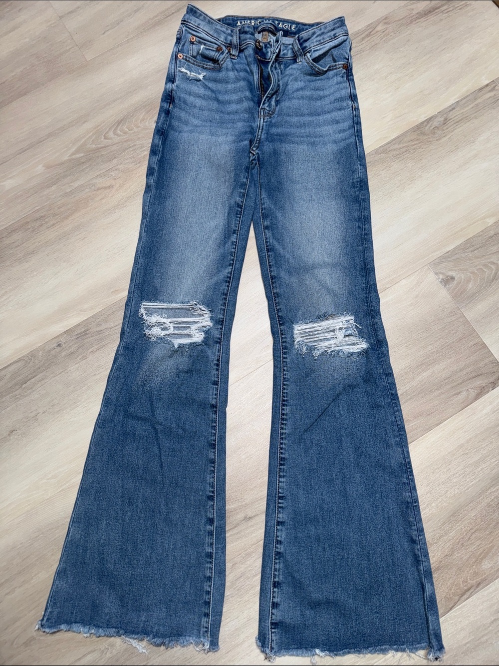 American Eagle Outfitters Medium Blue Distressed Flare Jeans